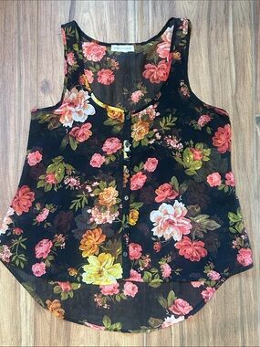 Ambiance Apparel Sheer Floral Tank Top Black Sleeveless Button Front Blouse
